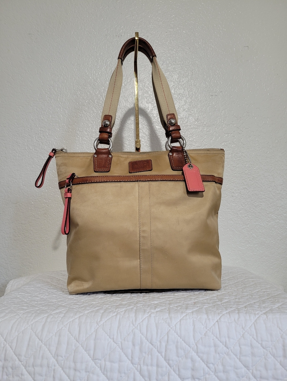 Y2K Coach Champagne Satin Fabric with Leather Trim Hampton Weekend Tote Shoulder